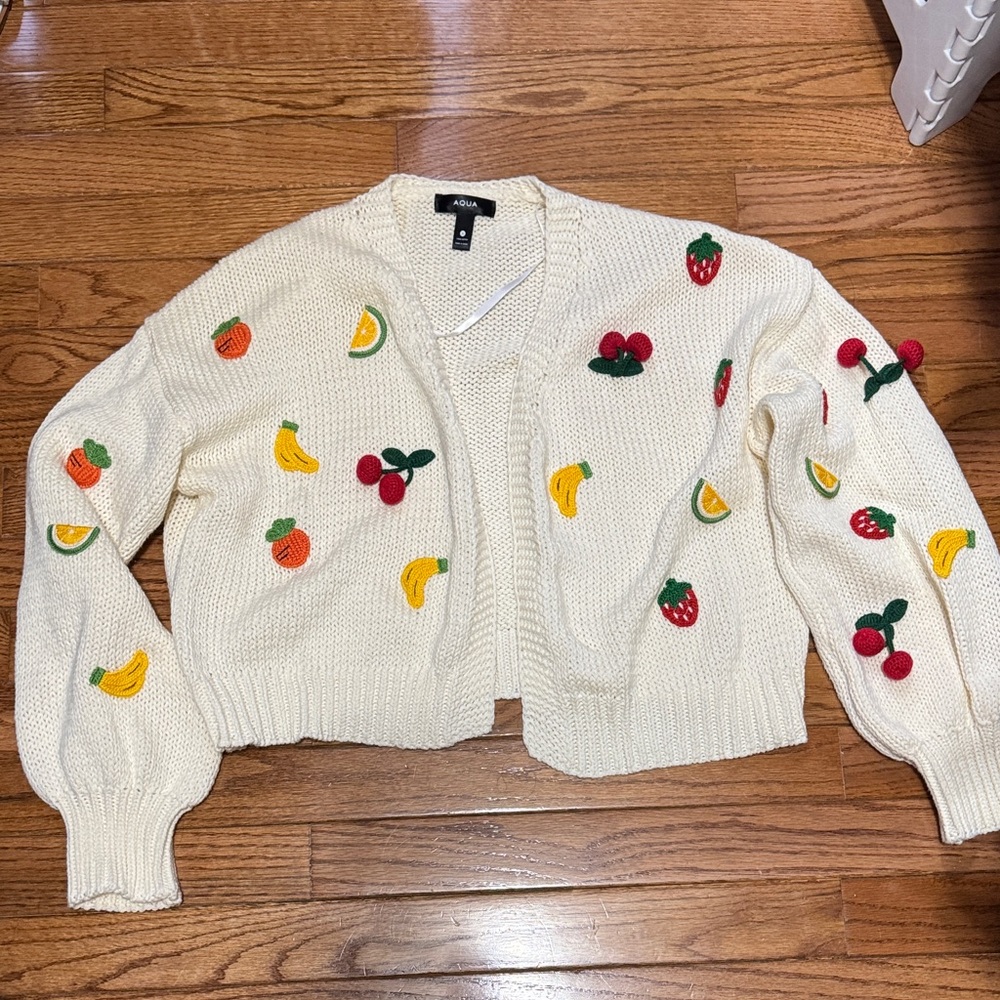 Aqua Cream Cardigan with Fruit Embroidery